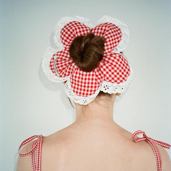 Red Gingham Ruffle Scrunchie Cottagecore Lace Hair Accessory - Picture 5 of 5